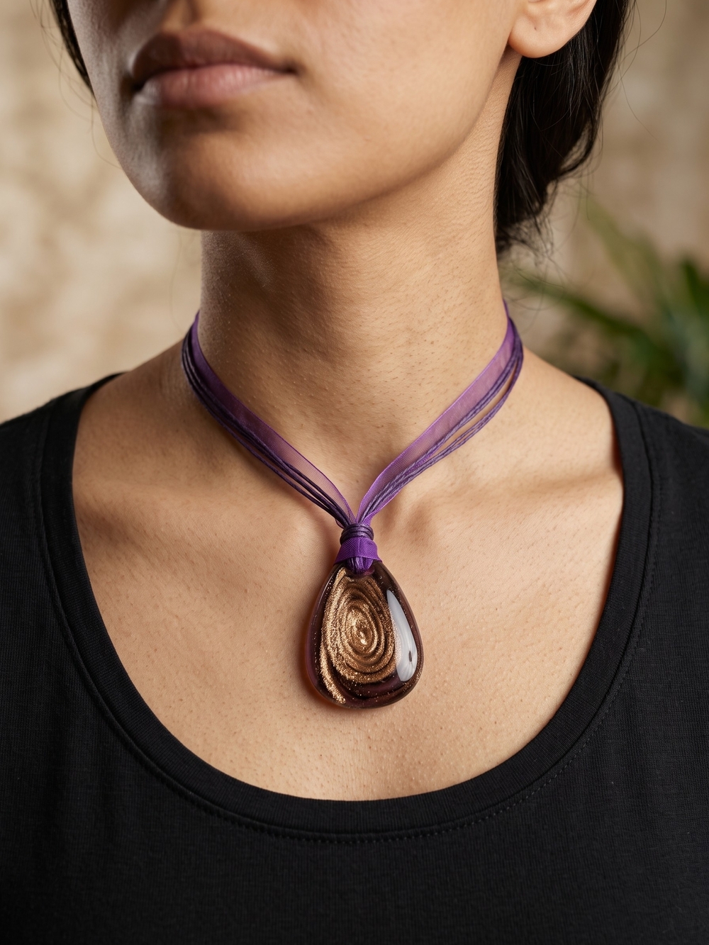 Whimsigoth Murano Style Aventurine Glass Teardrop Ribbon Pendant Necklace